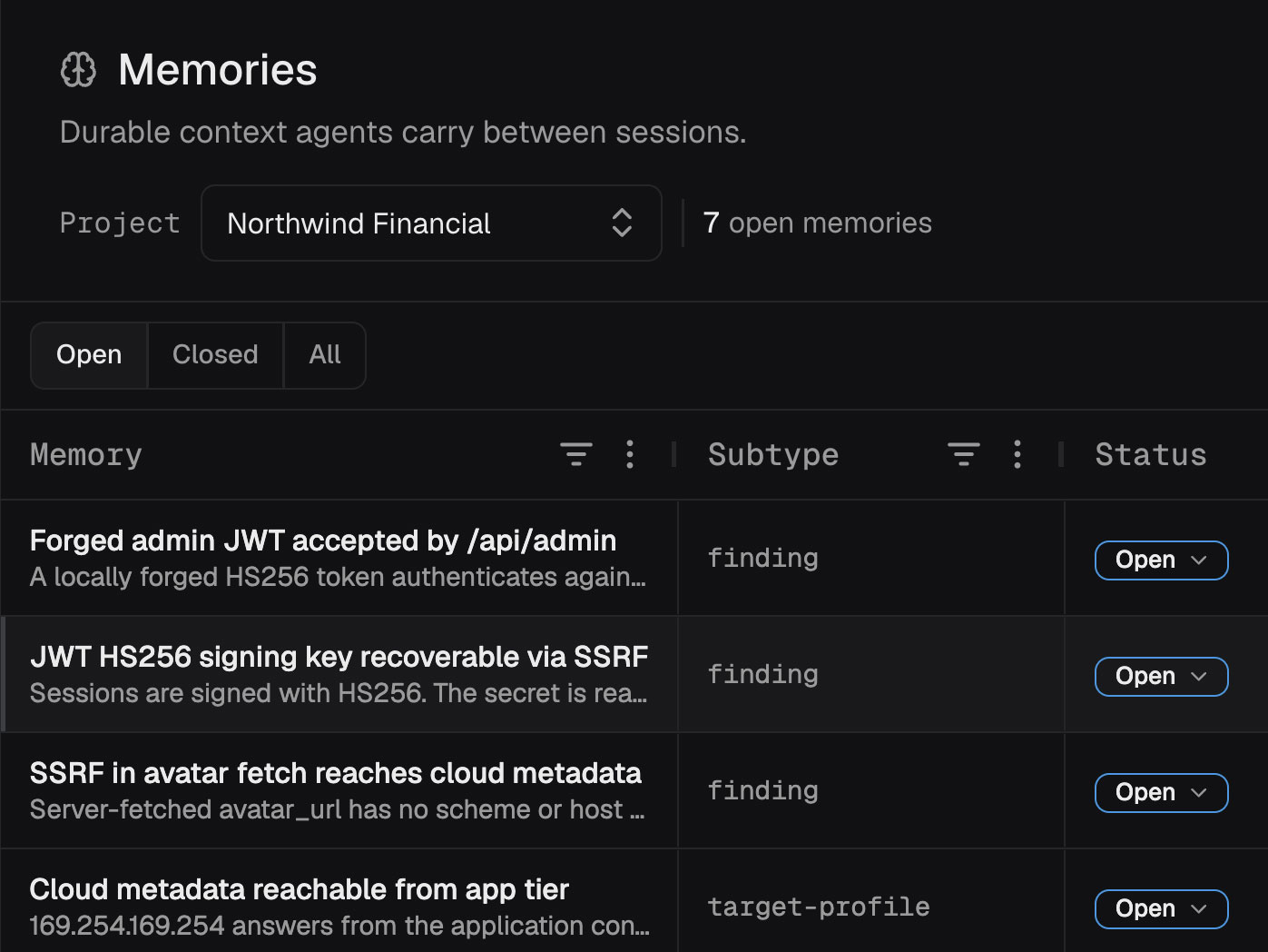 The Memories view for a project, listing agent findings such as a JWT signing key recoverable via SSRF, each with its subtype and status.